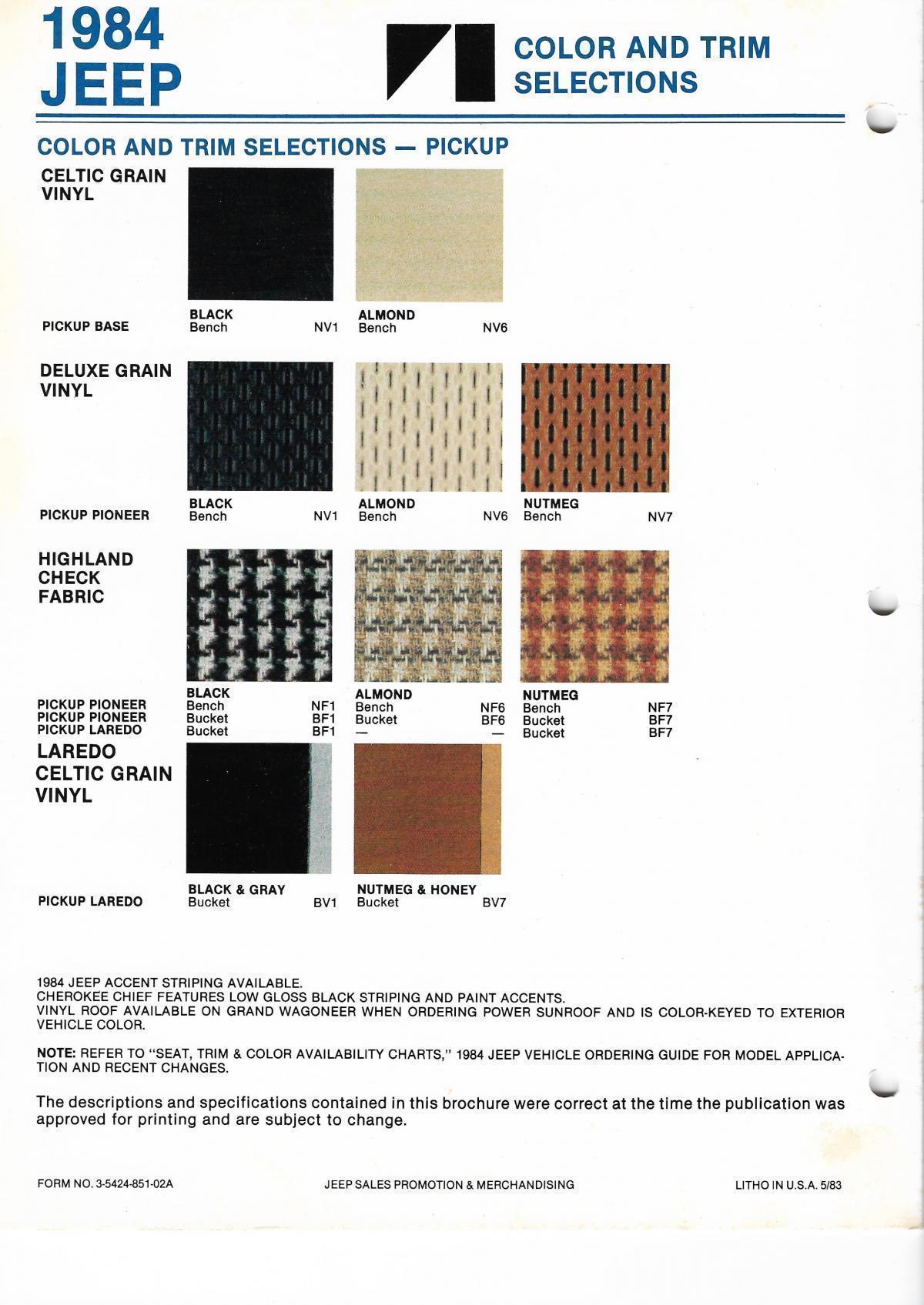 1984 jeep pickup seat and trim selections